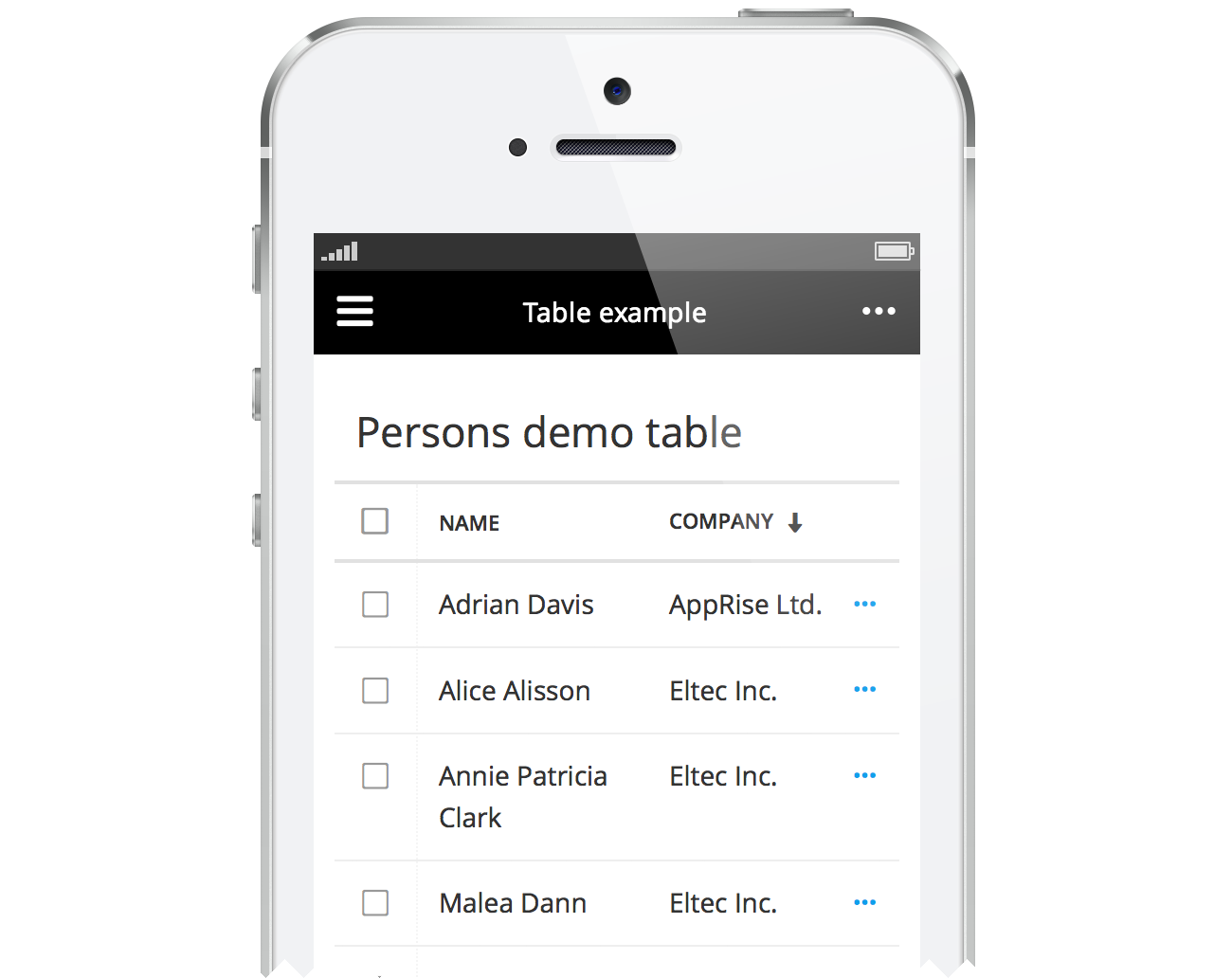 Table on a phone sized device